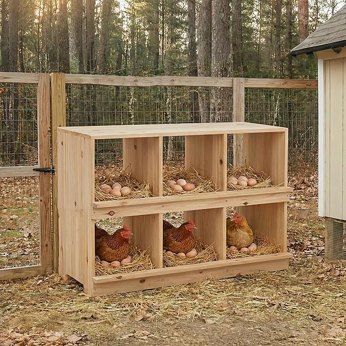 GarveeLife Wooden Chicken Nesting Box, 6-Compartment, Wall-Mounted or Floor-Standing Laying Box for Hens, Egg-Roll-Proof Design with Perch and Easy Egg Collection, Natural Wood, Sun-Resistant