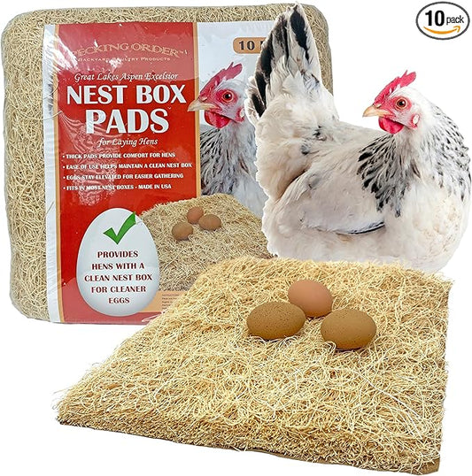 Nest Box Pads for Chicken Nesting Boxes - 13 x 13 Pads Made in USA from Sustainably Sourced Aspen Excelsior (10 Pack)