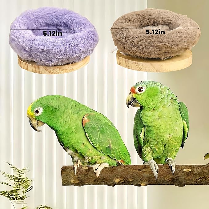 2Pcs Bird Perch Stand Platform Plush Parrot Hanging Hammock Warm Bird Nest Snuggle Hut Birds Sleeping Bed Wood Perch for Parrot,Budgies,Parakeet,Cockatiels,Conure,Lovebirds-Purple&Brown