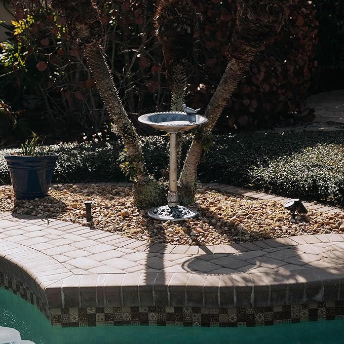 Backyard Expressions Outdoor Garden Bird Bath with Bird - Silver - Weather Resistant Polyresin - 30 Inch
