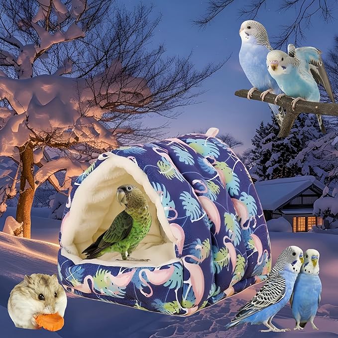 Bird Nest Plush Snuggle Hanging Hammock Bird Cave Parrot Sleeping Bed Shed Hut Hanging Tent for Hamster Parrot Macaw Budgies Parakeet Cockatiels Lovebird-Flamingo (Dark Blue)