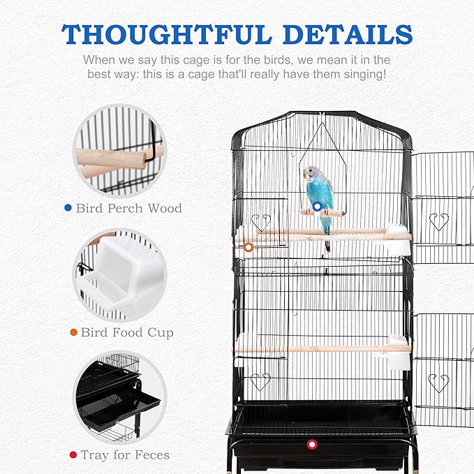 SUPER DEAL 59.3 Rolling Bird Cage Large Wrought Iron Cage for Cockatiel Sun Conure Parakeet Finch Budgie Lovebird Canary Medium Pet House with Rolling Stand & Storage Shelf