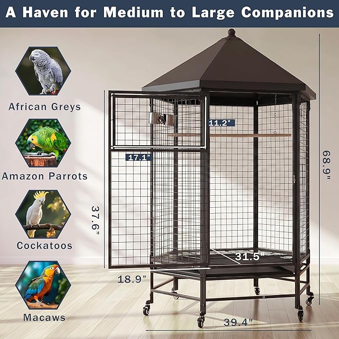 69" Extra Large Bird Cage for Parrots, Heavy Duty Metal Aviary on Wheels with Rolling Stand & Slide-Out Trays for African Greys, Cockatoos, Conures, Macaws, Indoor Outdoor, Black