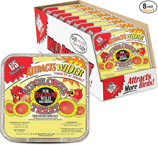 C&S Sunflower Suet Treat, for Chickadees, Nuthatches, Tufted Titmice, Woodpeckers, Wrens, Warblers, Brown Creepers, Northern Flickers, Pine Grosbeaks, Jays and More, 11 Ounces, Pack of 8
