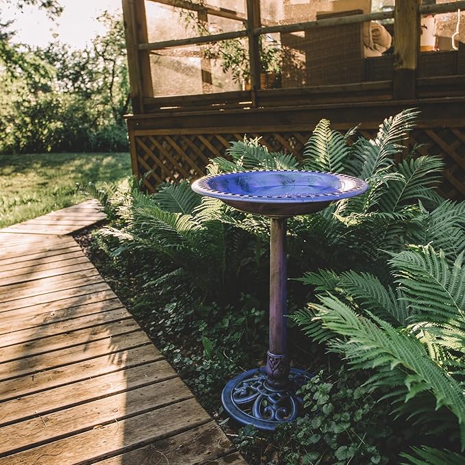Backyard Expressions Outdoor Garden Bird Bath - Lilac Purple - Weather Resistant Polyresin - 27 Inch