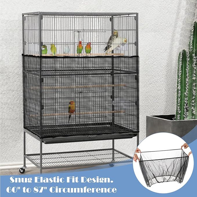 Trinkrittey Adjustable Bird Cage Seed Catcher Net Cover Elastic Band Mesh Cover Black for Parrot Cages