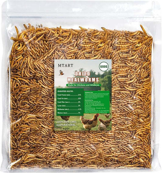 MTART 600g Dried Mealworms Treat for Chicken, 100% Natural Non-GMO High Protein Organic Chicken Feed for Birds, Ducks, Layer Hens