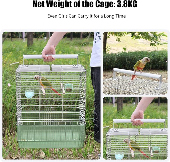304 Stainless Steel Travel Bird Cage, 17 Inch Foldable Carrier for Conures Cockatiels Grey Parrots Caiques, with Aluminum Handle Perch (Green, Large Birdcage)