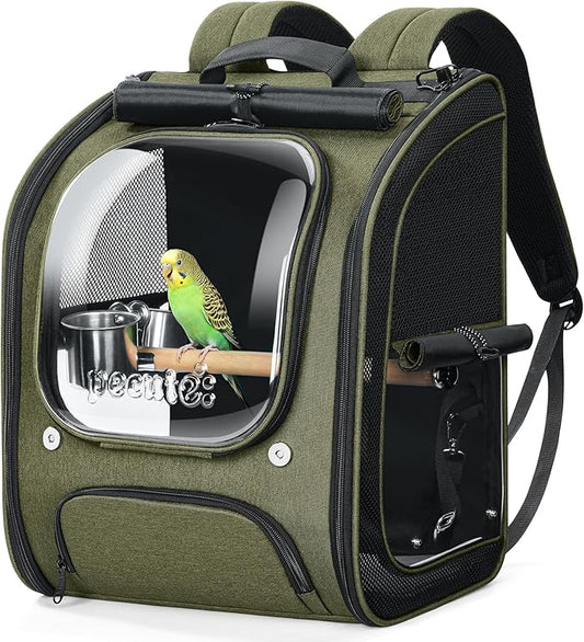 Pecute Bird Backpack Carrier for Small Birds,Cockatiel,Parrot,Bird Carrier with Standing Perch,Comfy Mat&Transparent Window, Breathable Bird Backpack for Vet Visit,Shopping and Outdoor Adventure,Green