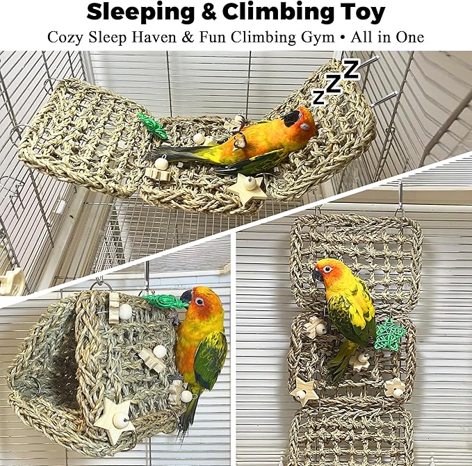 Seagrass Handwoven Bird Bed for Cage, DIY Parakeet Nest & Climbing Ladder, Breathable Bird Hammock Tent with Chewable Toys, Cozy Parrot Sleeping Hut for Small Medium Birds Like budgies Lovebirds