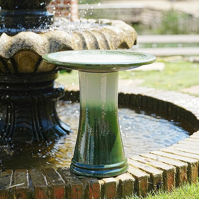 Ceramic Bird Bath for Outdoors, 18" H Weather-Resistant Birdbath for Garden Bird Watching, Pedestal Glazed Birdbaths, Grass Green