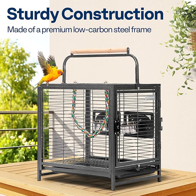 VIVOHOME 19 Inch Wrought Iron Bird Travel Carrier Cage for Parrots Conures Lovebird Cockatiel Parakeets Black