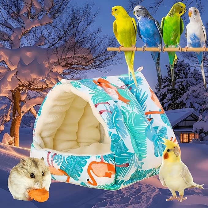 Bird Nest Plush Snuggle Hanging Hammock Bird Cave Parrot Sleeping Bed Shed Hut Hanging Tent for Hamster Parrot Macaw Budgies Parakeet Cockatiels Lovebird-Flamingo (White)