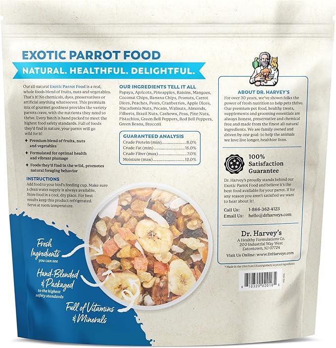 Dr. Harvey's Exotic Parrot Blend, Seedless Blend of Natural Food for Large Parrots