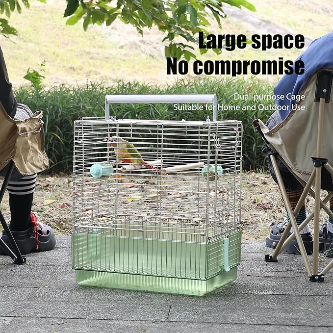 304 Stainless Steel Travel Bird Cage, 17 Inch Foldable Carrier for Conures Cockatiels Grey Parrots Caiques, with Aluminum Handle Perch (Green, Large Birdcage)
