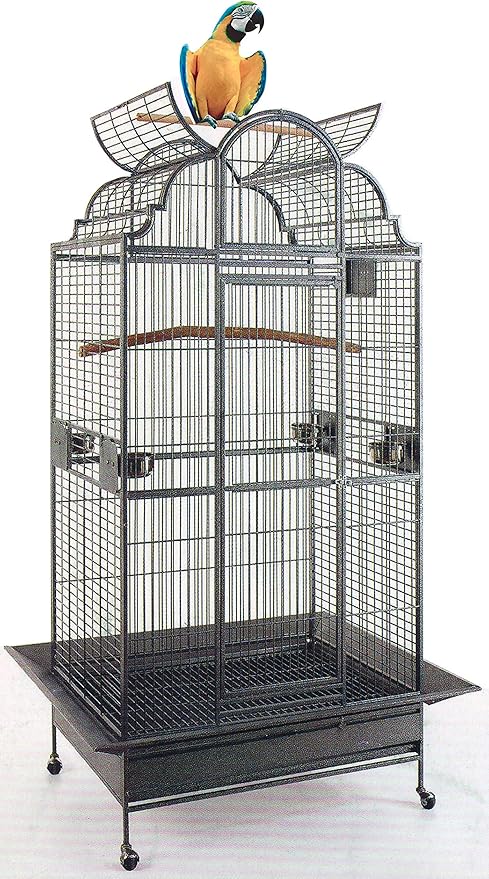 New Large Elegant Wrought Iron Dome Play Top Bird Parrot Cage, Include Metal Seed Guard Solid Metal Feeder Nest Doors (24" W x 22" D x 63" H, Black Vein)