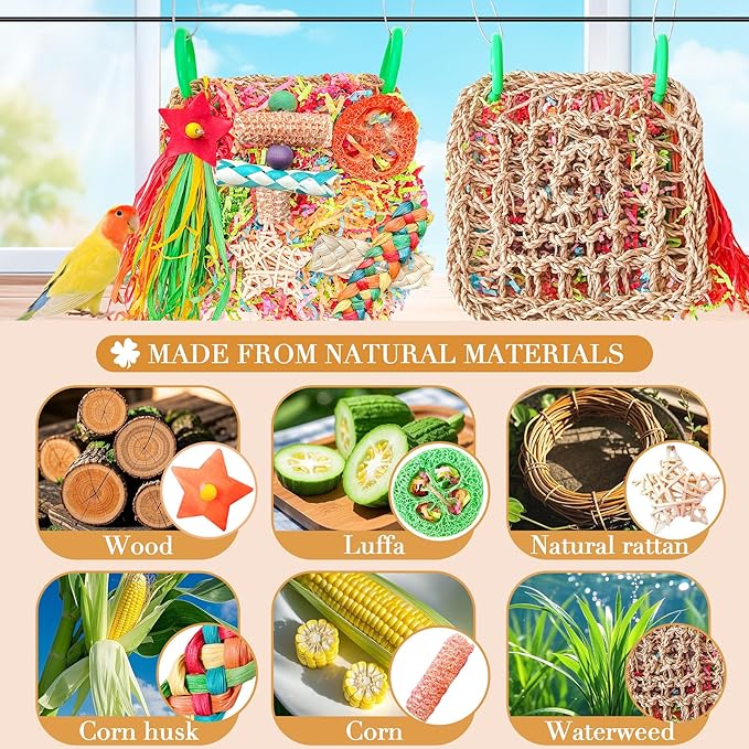 Parakeet Toys, Bird Toy Conure Grass Mat Budgie Shredder Hanging Set Cockatiel Foraging Toys Parrot Climbing Wall Toy Lovebird Cage Accessories for Small Birds