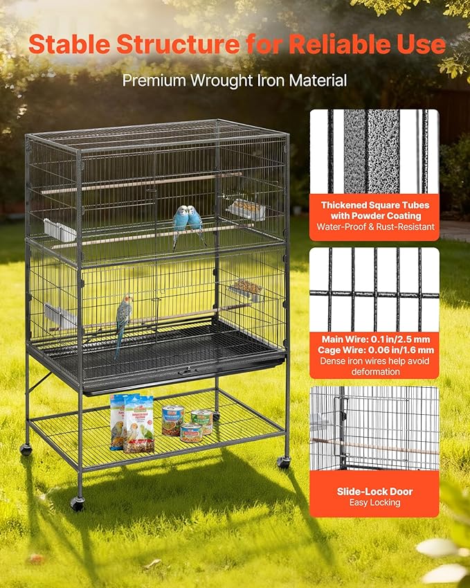 VEVOR Bird Cage, 36.6 x 22.8 x 59.5 inch, Flat Top, Wrought Iron Bird Flight Cage with Perches, Slide-Out Tray and Plastic Feeders, for Blue Tit, Cockatiel, Canary, Monk Parakeet, African Grey Parrot