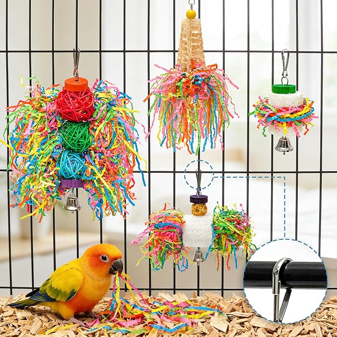 4PCS Bird Parrot Foraging Toys Parakeet Chewing Hanging Toy Shredder Paper Cage Accessories for Small Parrots Parakeets Conures Cockatiels Love Birds Cage Toy (4Pack)