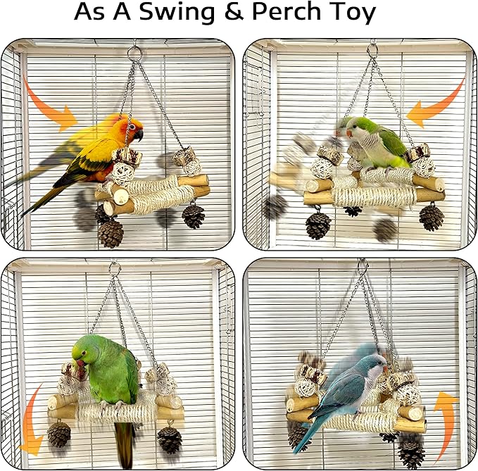 Large Bird Swing for Cage with Chew Toys, 3 Sisal-Wrapped Bird Perches & Stable Triangle Design, Wooden Hanging Quaker Toy Swing for Medium-Sized Bird Cockatiel Ring-Necked Caique Balance Training (L)