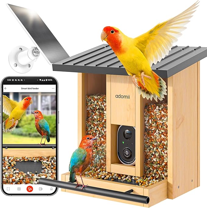 Adomii Bird Feeder with Camera, 2.4L Solar Powered Birdfeeder with AI Bird Identification & Alerts, Squirrel-Proof & Weatherproof, Adomii Window Bird Feeder with Double Bin, 1080p HD Live Camera