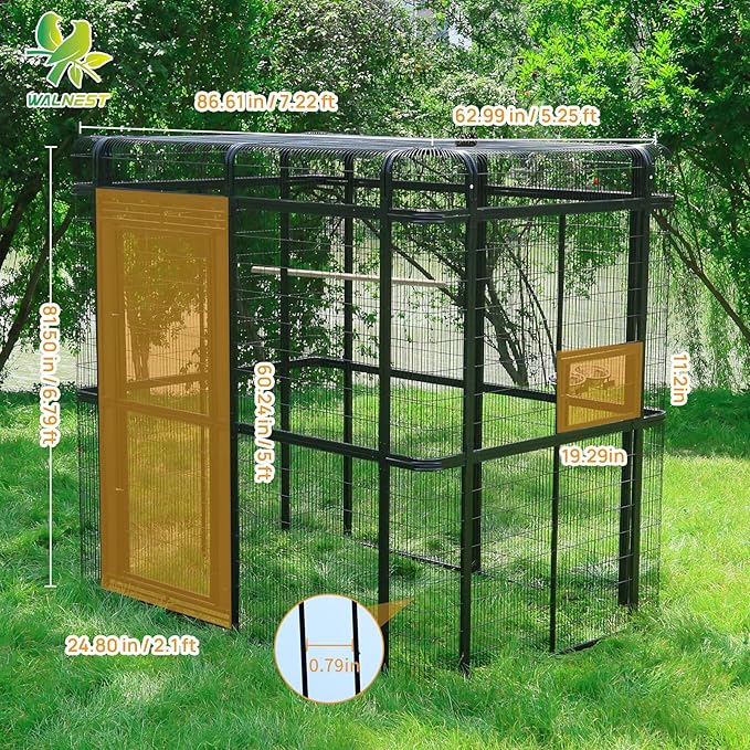 Outdoor Large Walk-in Cage 87-inch Heavy Duty Bird Cage Carbon Crystal Board Aviary Parrot Cage Wide Flight Metal Birdcage for Macaw Budgie Conure Lovebird Parakeet Cockatiel, 7.22x5.25x6.8ft, Black
