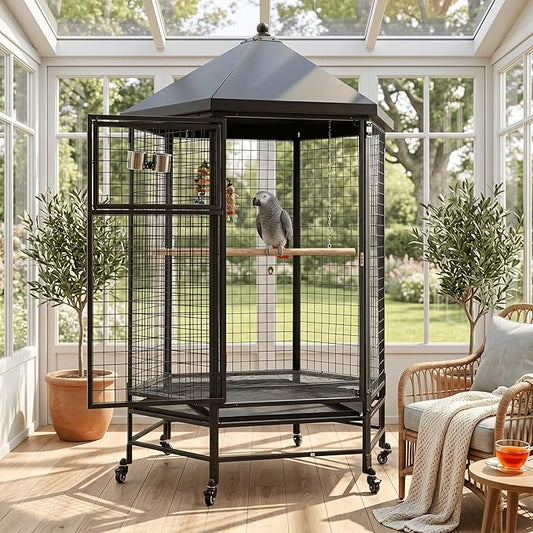 69" Extra Large Bird Cage for Parrots, Heavy Duty Metal Aviary on Wheels with Rolling Stand & Slide-Out Trays for African Greys, Cockatoos, Conures, Macaws, Indoor Outdoor, Black
