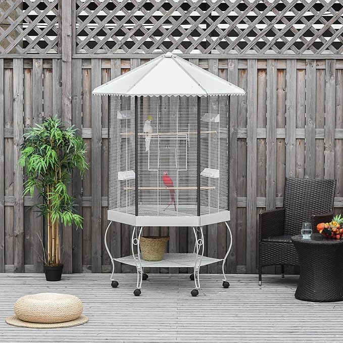 77" Flight Bird Cage Hexagon Covered Canopy Portable Aviary with Storage