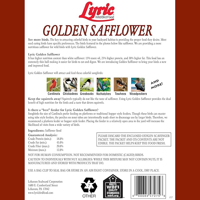 Lyric Golden Safflower Bird Seed for Outside Feeders - Attracts Cardinals, Chickadees, Woodpeckers & More, 12 lb Bag
