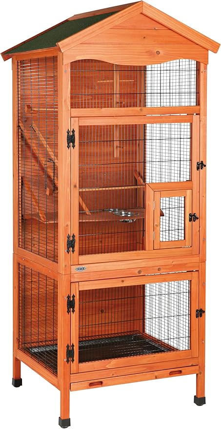 Trixie Outdoor Bird Aviary, 71-in Wooden Birdcage, 2 Perches, Ideal for Small Birds, Finches, Brown, (55951)