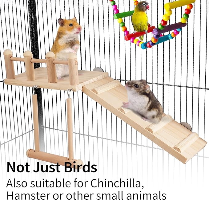 FrgKbTm Wooden Parrot Bird Perch Platform with Climbing Ladder,Parrot Play Stand Bird Swing Bridge Chewing Toys for Parakeet Cockatiel Conure Lovebirds (Bird Swing Set 2)