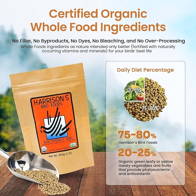 Harrison's Bird Foods High Potency Fine - Certified Organic, Non GMO Formula for Small to Medium Birds - Human Grade Pellets for Molting, Recovering & Weaning Chicks with Balanced Nutrition (1lb)