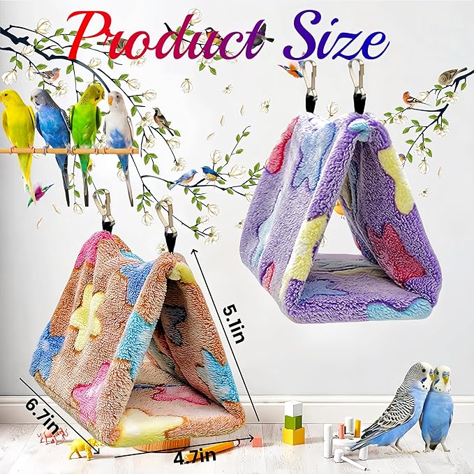 2 Pack Bird Nest Plush Snuggle Bird Hammock Hanging Bird Cave Parrot Sleeping Bed Shed Hut Hanging Tent for Budgies Finch Parakeet Cockatiel Cockatoo Lovebird-Star Pattern (Brown&Purple)
