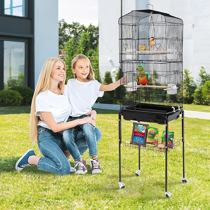 ZENY 63.4 Inch Bird Cage, Rolling Wrought Iron Parrot Cage with Side-Out Tray, Storage Shelf, Pet Bird House for Parrot Cockatiel Cockatoo Parakeet Macaw Finches