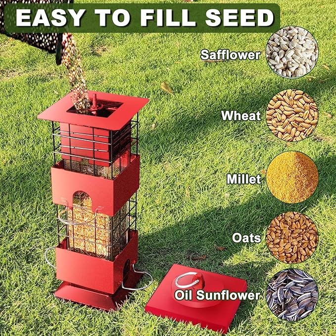 Bird Feeders Squirrel Proof for Outdoors, 3LBS Metal Hanging Bird Feeders, Weight-Activated Perches Anti-Squirrel Birdfeeder for Blue Jay, Cardinal, Outside (Red)