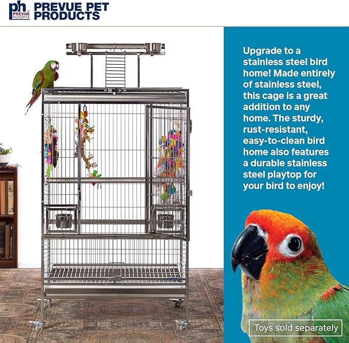 Prevue Pet Products Large Stainless Steel Play Top Bird Cage, Rust Resistant Metal Cage for Birds with Rooftop Ladder and Playtop