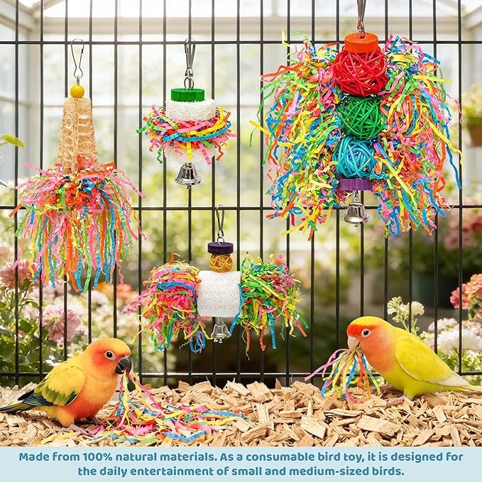 4PCS Bird Parrot Foraging Toys Parakeet Chewing Hanging Toy Shredder Paper Cage Accessories for Small Parrots Parakeets Conures Cockatiels Love Birds Cage Toy (4Pack)