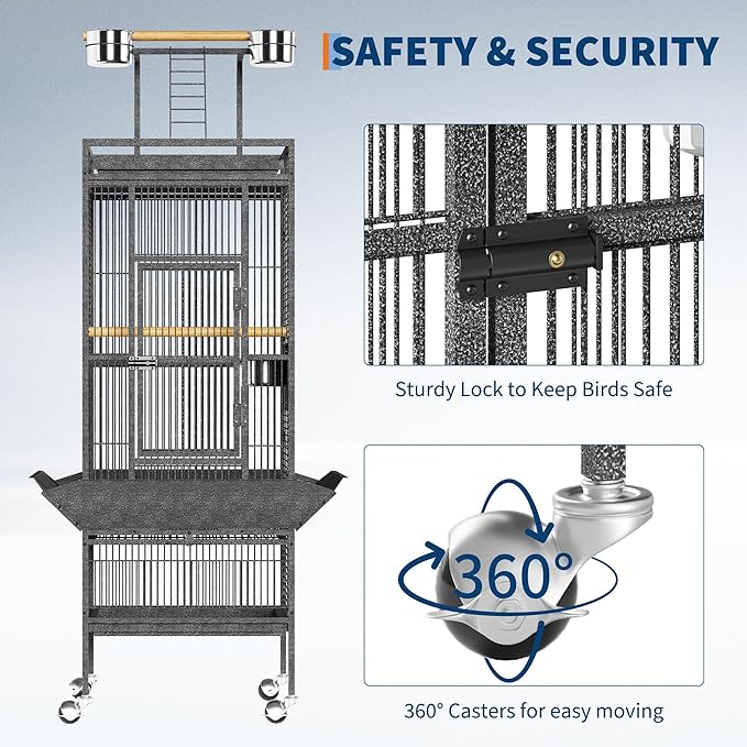 Garvee 61in Large Bird Cage, Metal Bird Cage with Bird Playground, Rolling Parrot Cage with Feeding Accessories, Large Parakeet cage for Parrots, Parakeets, Conures, Parrot, Black