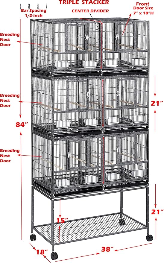 Sturdy Wrought Iron Triple Stack Combo Breeding Stacker Center Divided Breeder Bird Flight Double Rolling Cage with Side Breeding Nest Doors with Rolling Stand Storage Shelf