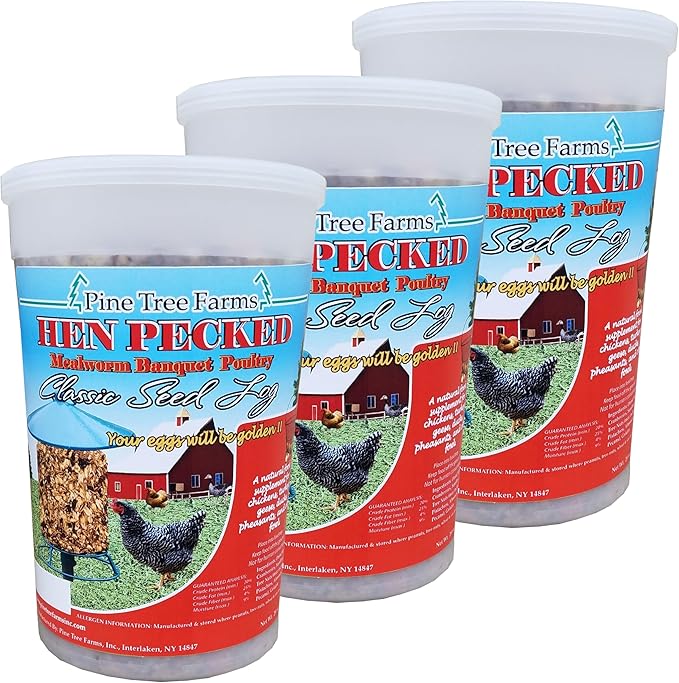 Pine Tree Farms Hen Pecked Classic Seed Log – Includes Chicken Treats with Mealworms & Peanuts for Chickens, Turkeys, Ducks, and Poultry, 28 oz (3 Pack)