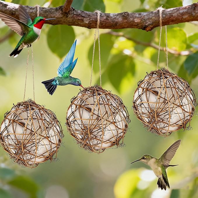 winemana Bird Nesting Material Holder for Hummingbirds, 3 Pack Natural Nesting Balls with Cotton Fibers for Wild Birds Outdoor Hummingbird House Gift for Bird Lovers Refillable