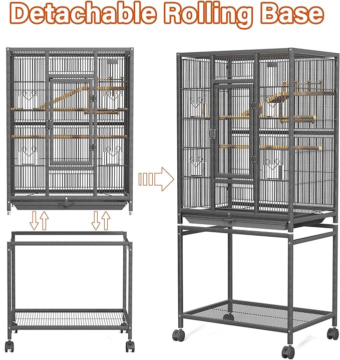54" Large Bird Cage with Wheels, Durable Wrought Iron Parakeet Cage with Slide Out Tray, Black Bird Cages with Feeding Cups, Wooden Platform, Swing & Perches, for Lovebird, Cockatiels, Budgies