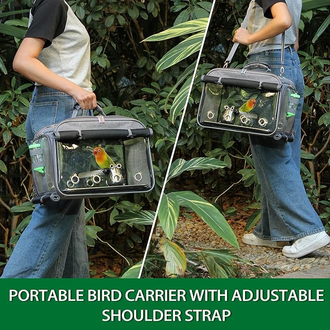 Sanmoncare Airline Approved Bird Carrier, Indestructible Stainless Steel Mesh Parrot Travel Cage, Cockatiels Travel Carrier Lightweight and Portable with Water Bottle and Bowl