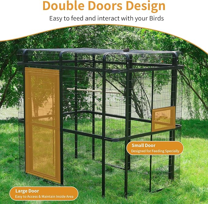 Outdoor Large Walk-in Cage 87-inch Heavy Duty Bird Cage Carbon Crystal Board Aviary Parrot Cage Wide Flight Metal Birdcage for Macaw Budgie Conure Lovebird Parakeet Cockatiel, 7.22x5.25x6.8ft, Black