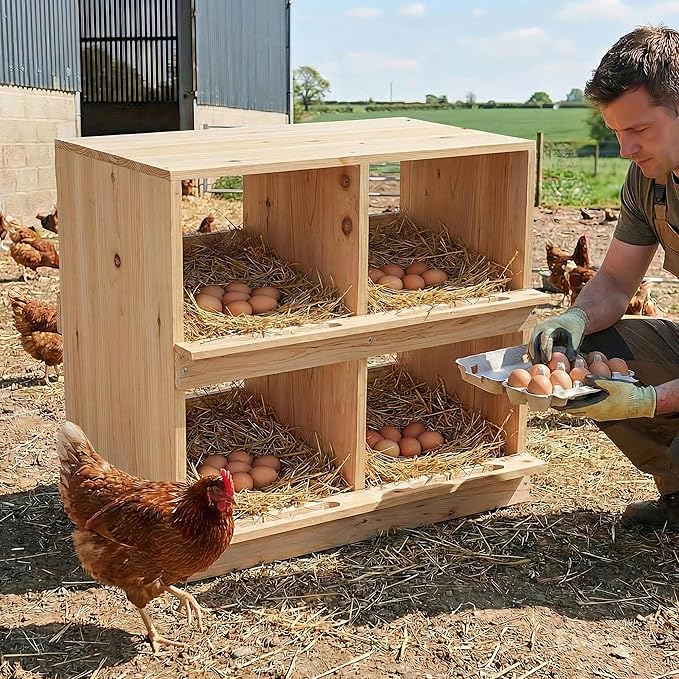 Wooden Chicken Nesting Box, Double-Deck with 4 Compartments, Wall-Mounted or Ground-Placed Nesting Box for Hens with Egg-Roll-Proof Design, Egg Collection Design, Perch, Natural Wood, Sun-Proof