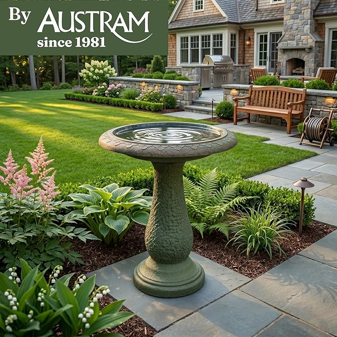Tall Bird Bath for Outside 23 Inch Roman Green - Stone-Resin Composite Pedestal Birdbath Bowl - Decorative Standing Outdoor Garden Decor for Front Porch Patio Yard Backyard Lawn Ornament