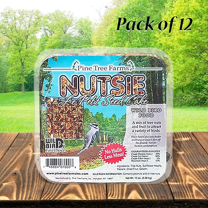 BestNest Pack of 12 Pine Tree Farms Le Petit Nutsie Seed Cakes – 10 oz. Wild Bird Food with Peanuts, Sunflower Hearts & Fruit – Fits Standard Suet Feeders
