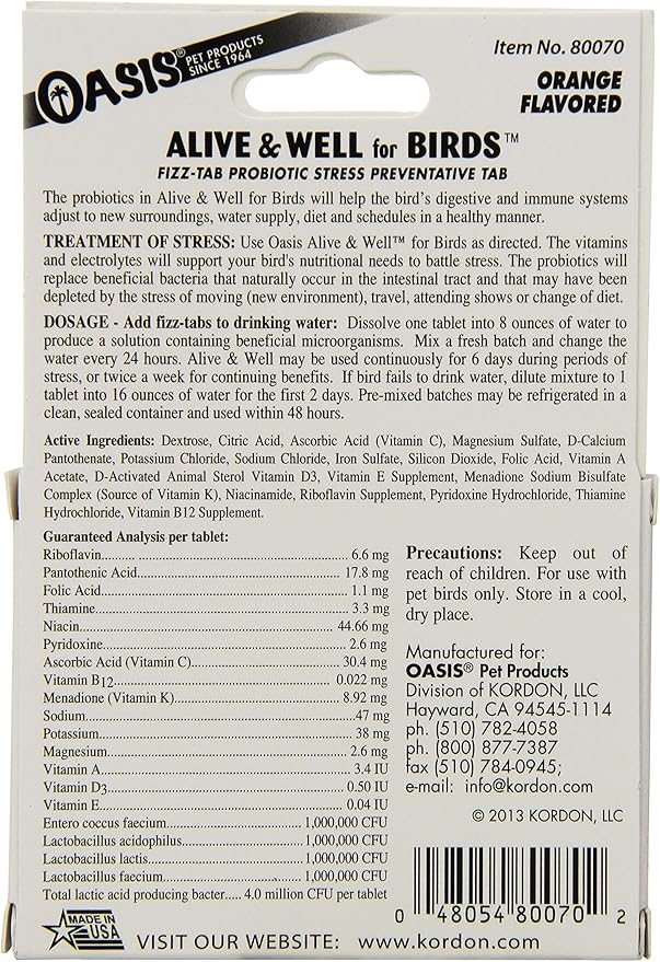 OASIS #80070 Alive and Well, Stress Preventative & Pro-Biotic Tablets for Birds, white, 1 Count (Pack of 1)