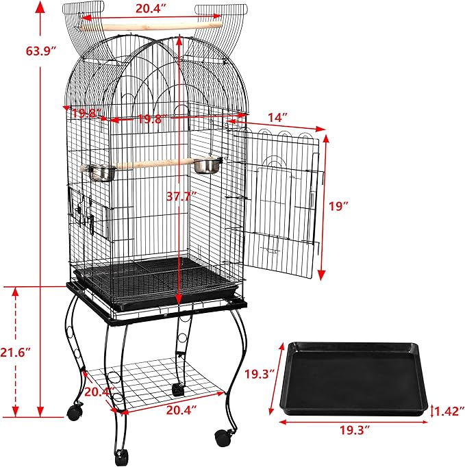 ZENY 63.5 Inch Open-Top Birdcage, Wrought Iron Bird Cage with Slide-Out Tray + Detachable Rolling Stand, Pet Parrot Cage for Parakeets Cockatoo Cockatiels, Play-Top Birdcage