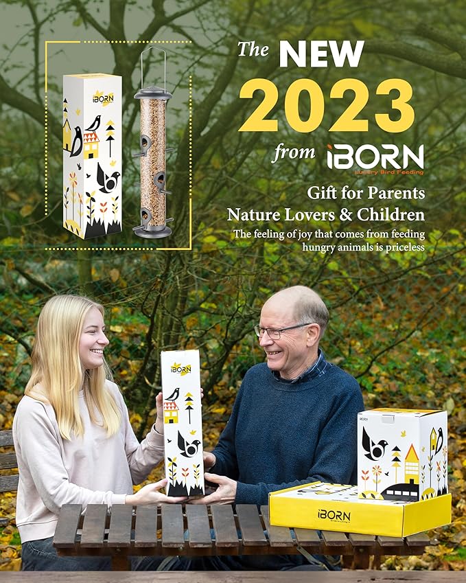 iBorn Metal Bird Feeder Hanging Wild Bird Seed Feeder for Mix Seed Blends Heavy Duty All Metal Silver Finish,15 Inch 6 Port(Seed is not Included),Gift Box